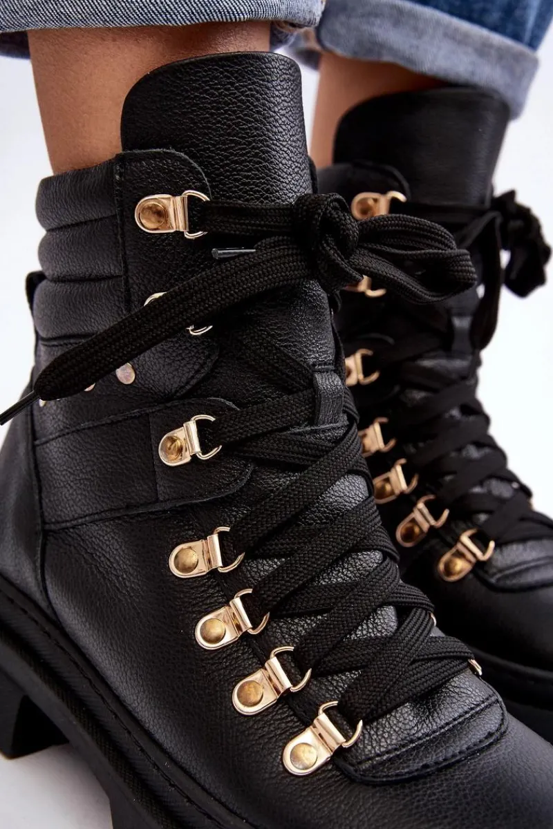 Hot Zazoo Damskie Skórzane Trapery Botki Sznurowane K01 Czarne