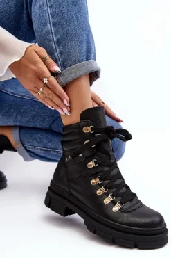 Hot Zazoo Damskie Skórzane Trapery Botki Sznurowane K01 Czarne