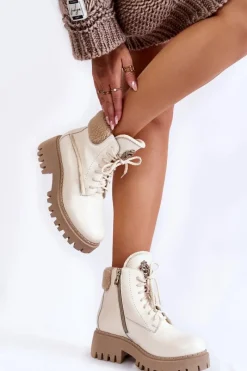 Discount Zazoo Damskie Skórzane Trapery Botki Jasnobeżowe Lemar Vergo