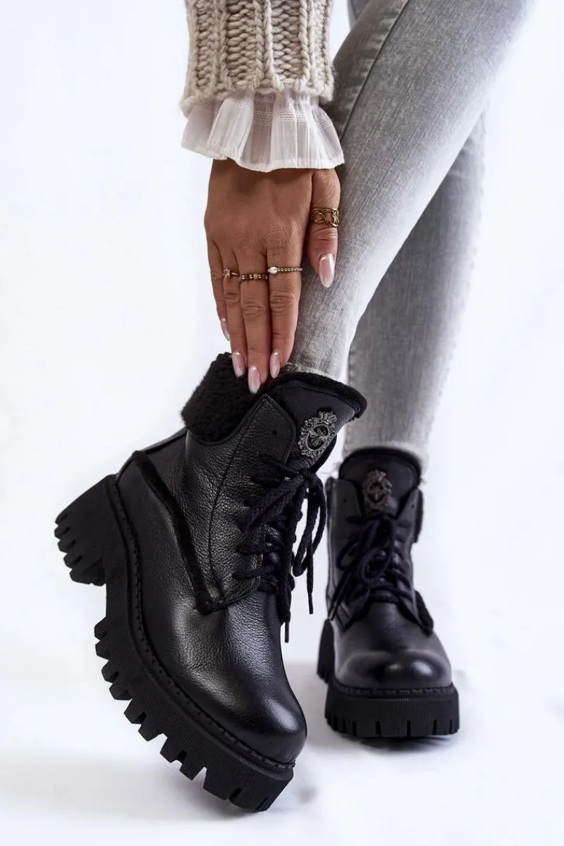 Damskie Trapery|Botki Zimowe Damskie>Zazoo Damskie Skórzane Trapery Botki Czarne Lemar Vergo