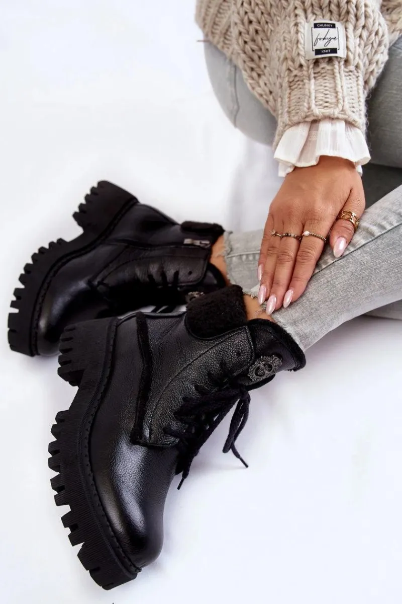 Damskie Trapery|Botki Zimowe Damskie>Zazoo Damskie Skórzane Trapery Botki Czarne Lemar Vergo