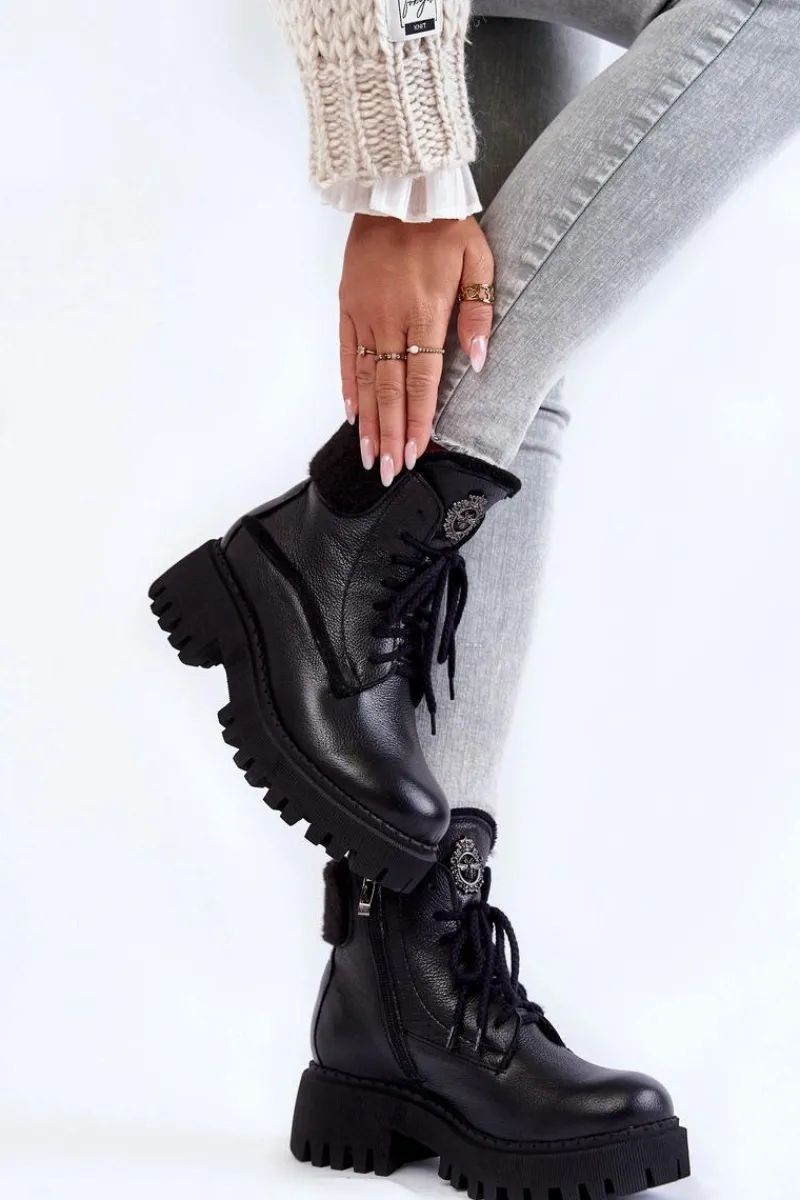 Damskie Trapery|Botki Zimowe Damskie>Zazoo Damskie Skórzane Trapery Botki Czarne Lemar Vergo