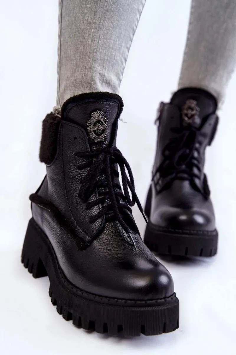 Damskie Trapery|Botki Zimowe Damskie>Zazoo Damskie Skórzane Trapery Botki Czarne Lemar Vergo