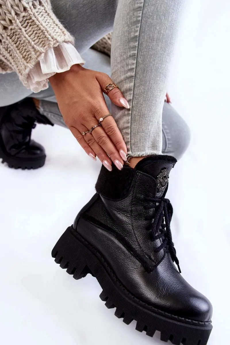 Damskie Trapery|Botki Zimowe Damskie>Zazoo Damskie Skórzane Trapery Botki Czarne Lemar Vergo