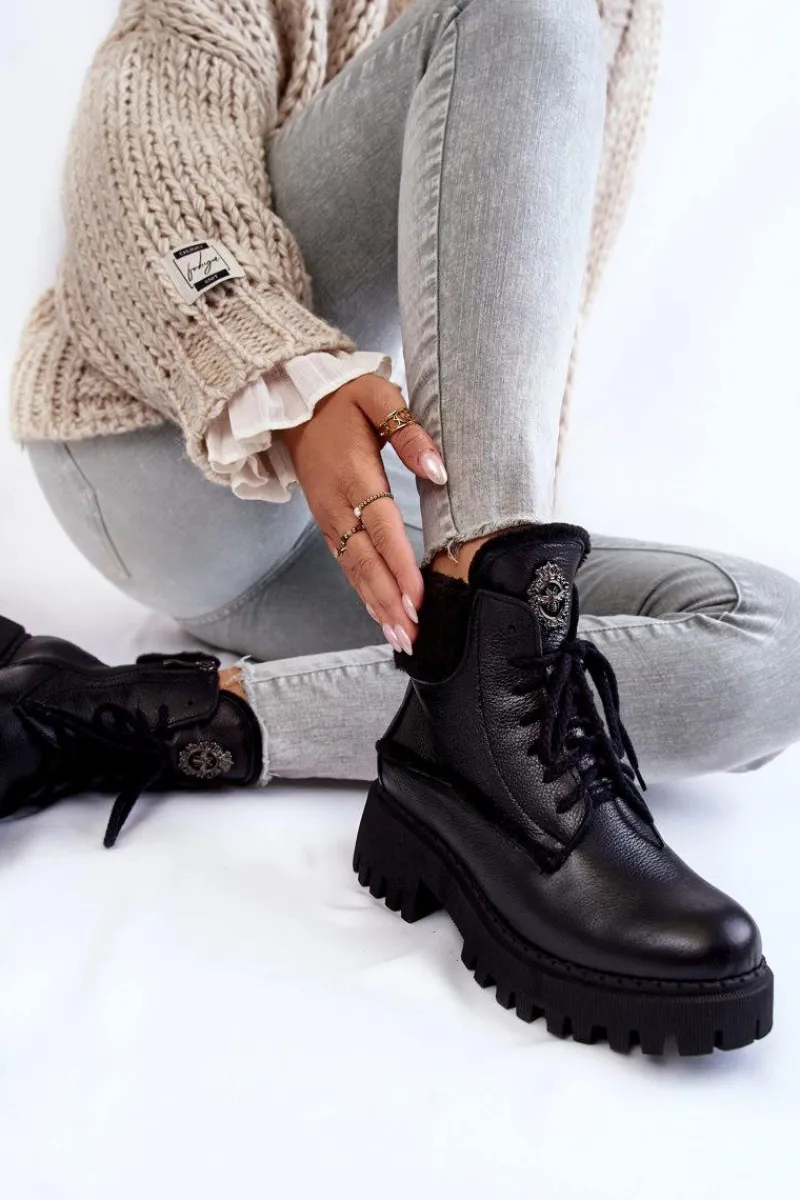 Damskie Trapery|Botki Zimowe Damskie>Zazoo Damskie Skórzane Trapery Botki Czarne Lemar Vergo