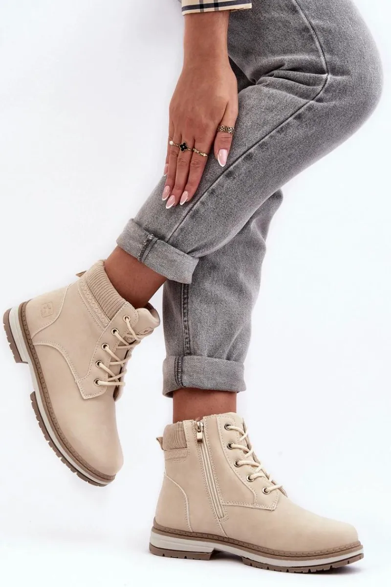 Damskie Trapery|Botki Sznurowane>Evento Damskie Skórzane Trapery Ocieplane Beżowe Bimena
