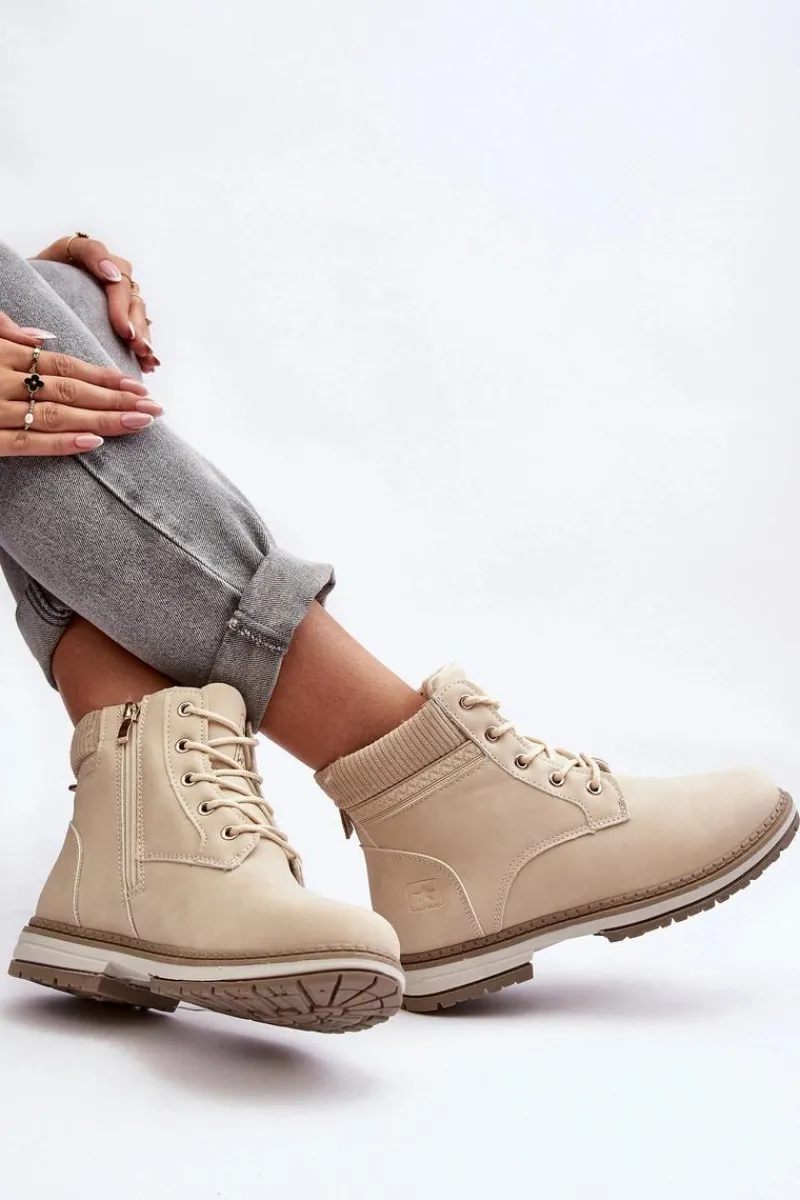 Damskie Trapery|Botki Sznurowane>Evento Damskie Skórzane Trapery Ocieplane Beżowe Bimena