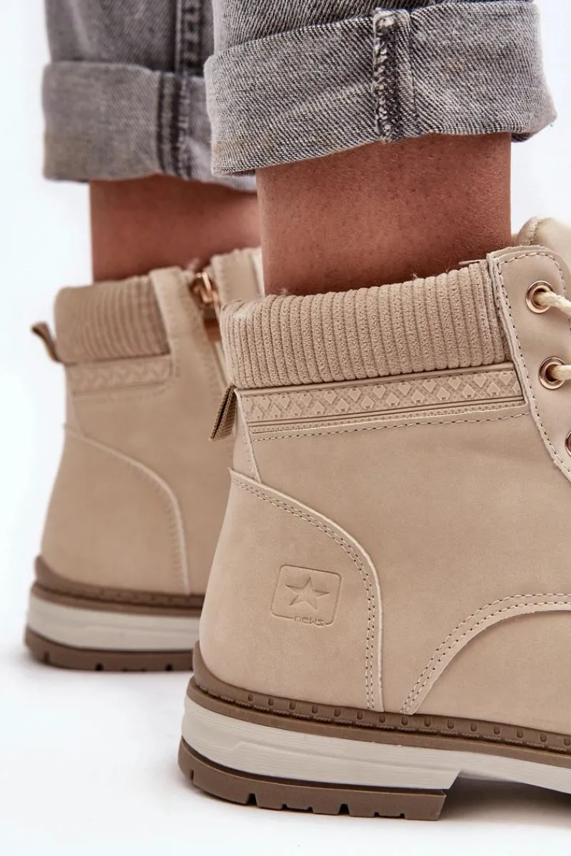 Damskie Trapery|Botki Sznurowane>Evento Damskie Skórzane Trapery Ocieplane Beżowe Bimena