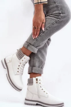 Best Damskie Skórzane Trapery Ocieplane Białe Katalis Damskie Damskie Trapery|Botki Sznurowane