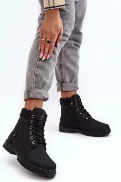 Clearance Evento Damskie Skórzane Trapery Ocieplane Czarne Katalis Czarny