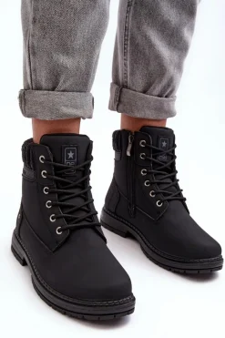 Clearance Evento Damskie Skórzane Trapery Ocieplane Czarne Katalis Czarny