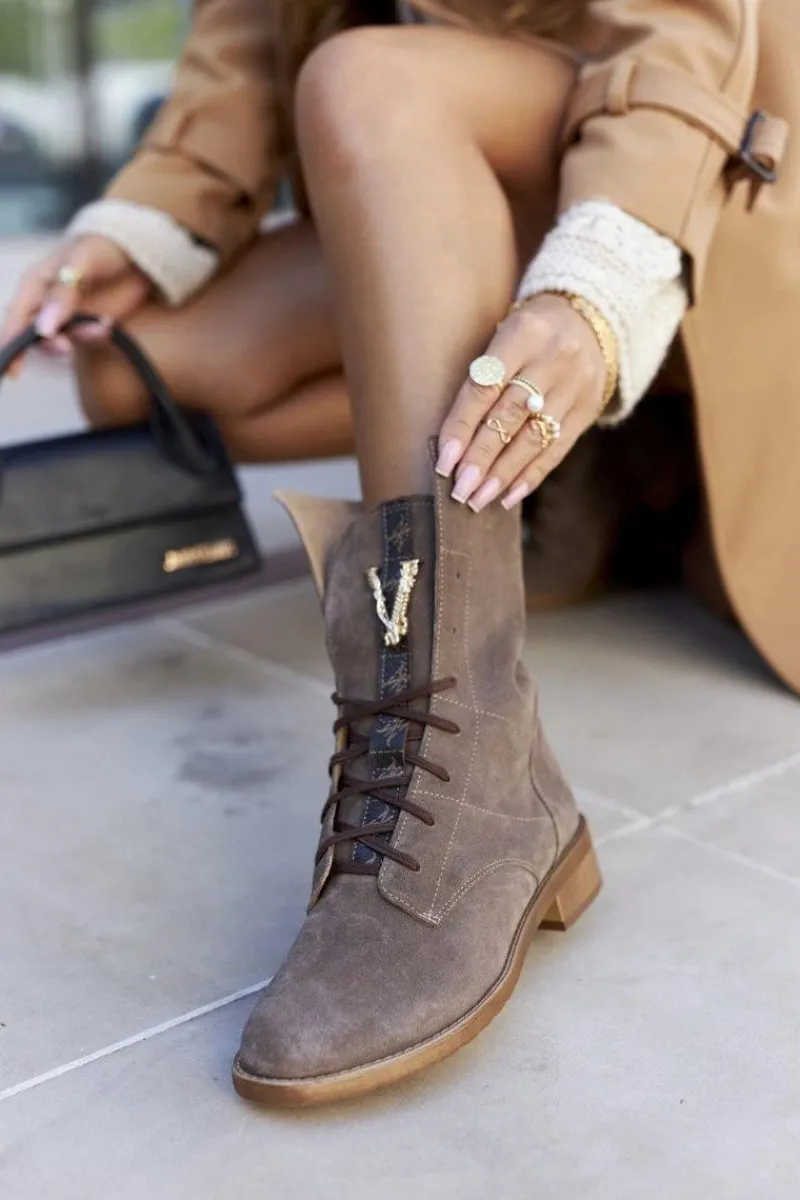 Outlet Damskie Skórzane Welurowe Botki Trzewiki Nicole Brązowe 2581/032 Damskie Botki Sznurowane|Czarne Botki