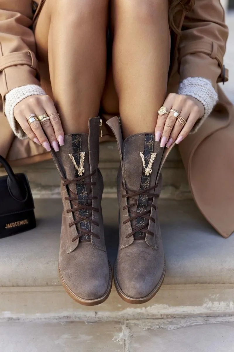 Outlet Damskie Skórzane Welurowe Botki Trzewiki Nicole Brązowe 2581/032 Damskie Botki Sznurowane|Czarne Botki