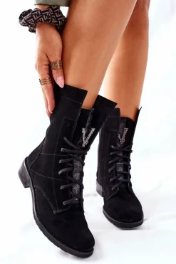 Sale Boto Damskie Skórzane Welurowe Botki Trzewiki Nicole Czarne 2581/028