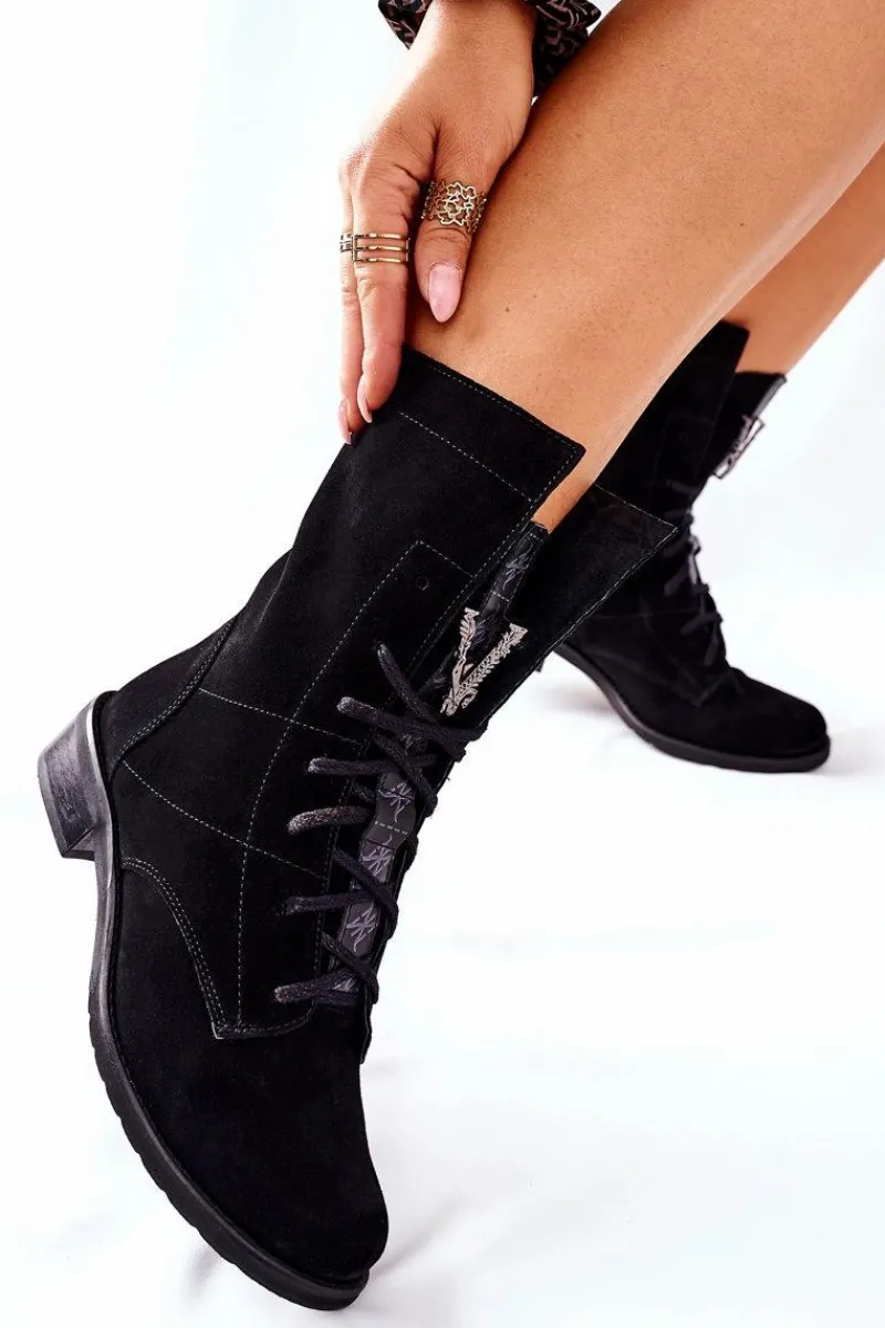 Sale Boto Damskie Skórzane Welurowe Botki Trzewiki Nicole Czarne 2581/028