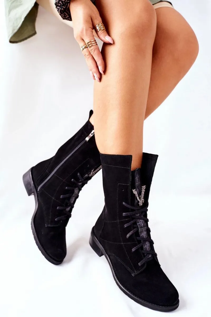 Sale Boto Damskie Skórzane Welurowe Botki Trzewiki Nicole Czarne 2581/028