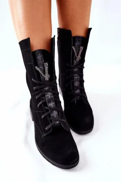 Sale Boto Damskie Skórzane Welurowe Botki Trzewiki Nicole Czarne 2581/028