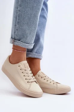 Trampki Damskie Niskie>Evento Damskie Skórzane Wiązane Klasyczne Trampki Beżowe Misima