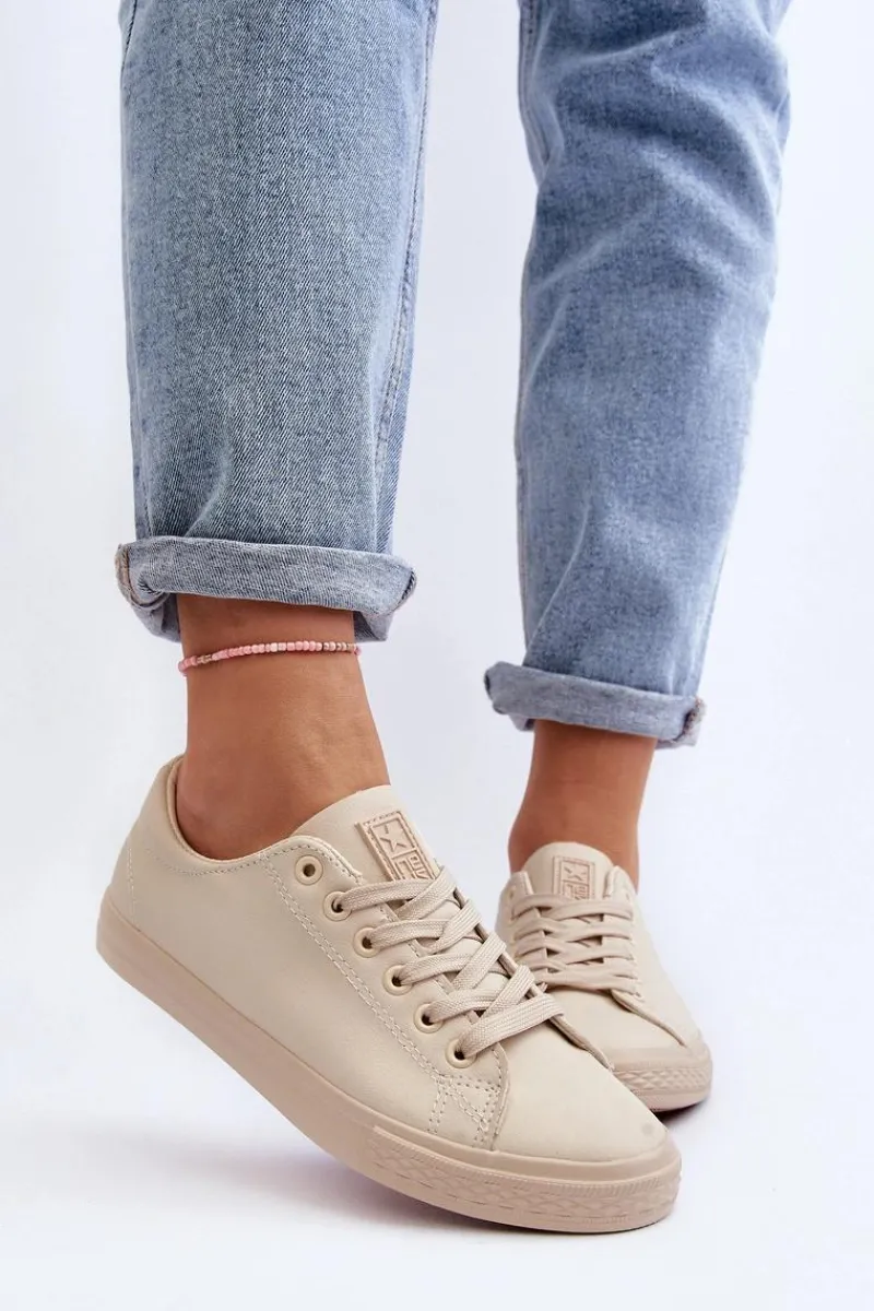 Trampki Damskie Niskie>Evento Damskie Skórzane Wiązane Klasyczne Trampki Beżowe Misima