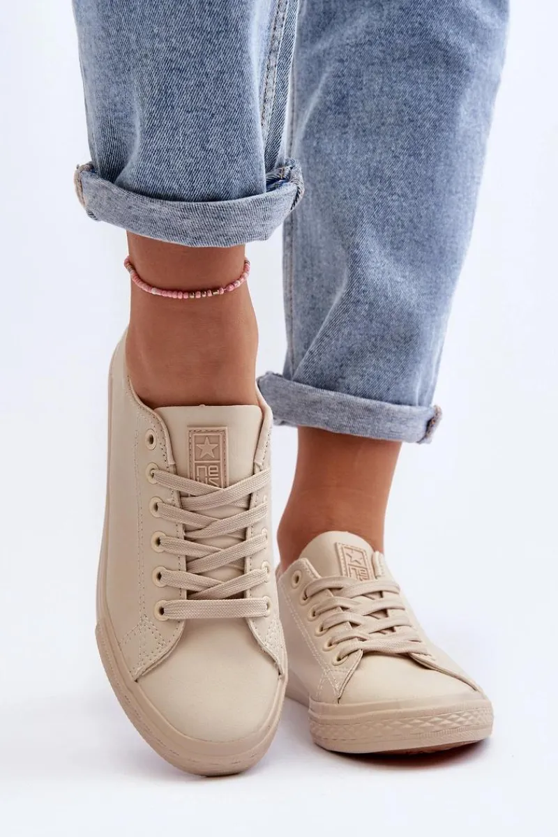 Trampki Damskie Niskie>Evento Damskie Skórzane Wiązane Klasyczne Trampki Beżowe Misima