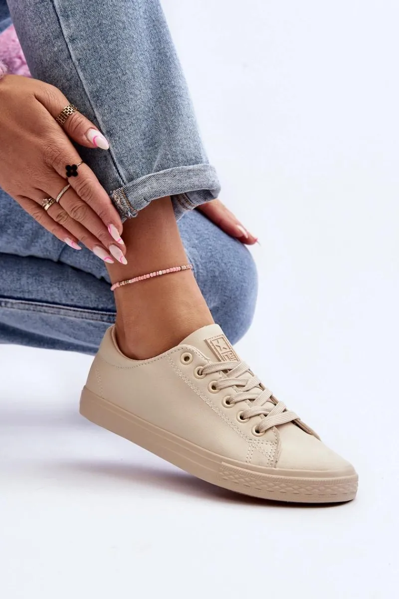 Trampki Damskie Niskie>Evento Damskie Skórzane Wiązane Klasyczne Trampki Beżowe Misima