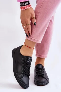 Trampki Damskie Niskie>Evento Damskie Skórzane Wiązane Klasyczne Trampki Czarne Misima