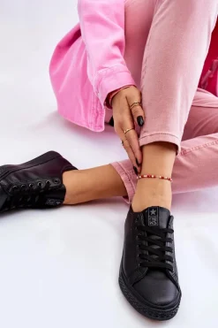 Trampki Damskie Niskie></noscript>Evento Damskie Skórzane Wiązane Klasyczne Trampki Czarne Misima