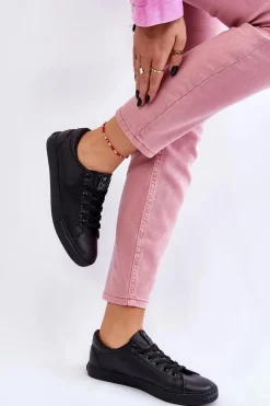 Trampki Damskie Niskie></noscript>Evento Damskie Skórzane Wiązane Klasyczne Trampki Czarne Misima