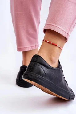 Trampki Damskie Niskie></noscript>Evento Damskie Skórzane Wiązane Klasyczne Trampki Czarne Misima