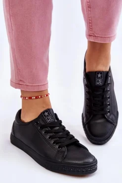 Trampki Damskie Niskie></noscript>Evento Damskie Skórzane Wiązane Klasyczne Trampki Czarne Misima