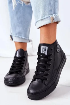 Sale Big Star Shoes Damskie Skórzane Wysokie Trampki Big Star GG274015 Czarne