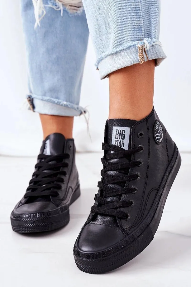 Sale Big Star Shoes Damskie Skórzane Wysokie Trampki Big Star GG274015 Czarne