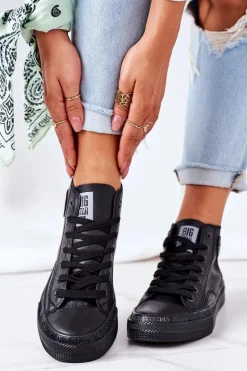 Sale Big Star Shoes Damskie Skórzane Wysokie Trampki Big Star GG274015 Czarne