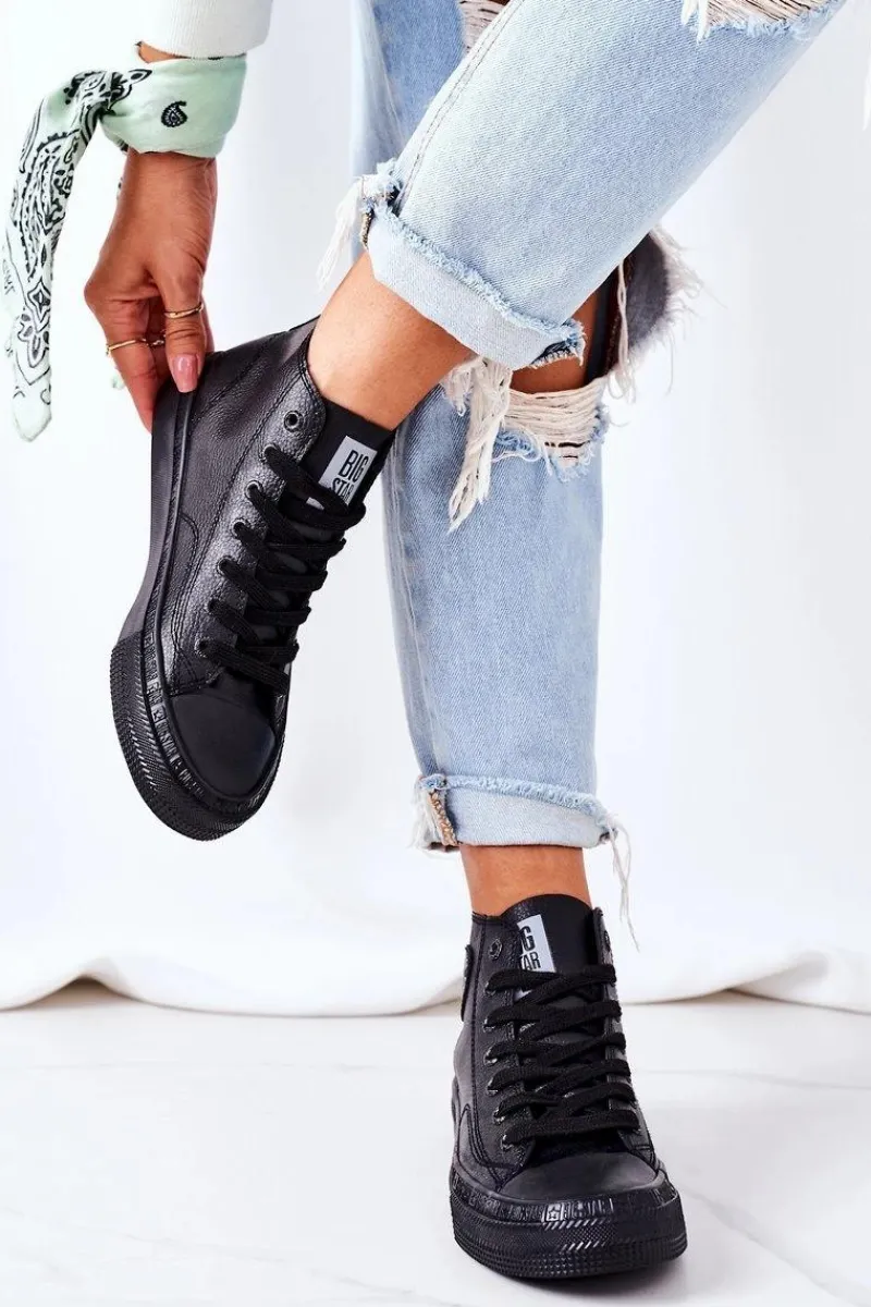 Sale Big Star Shoes Damskie Skórzane Wysokie Trampki Big Star GG274015 Czarne