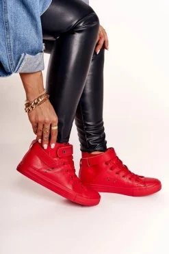 Trampki Damskie Big Star|Trampki Damskie Wysokie>Big Star Shoes Damskie Skórzane Wysokie Trampki BIG STAR V274529 Czerwone