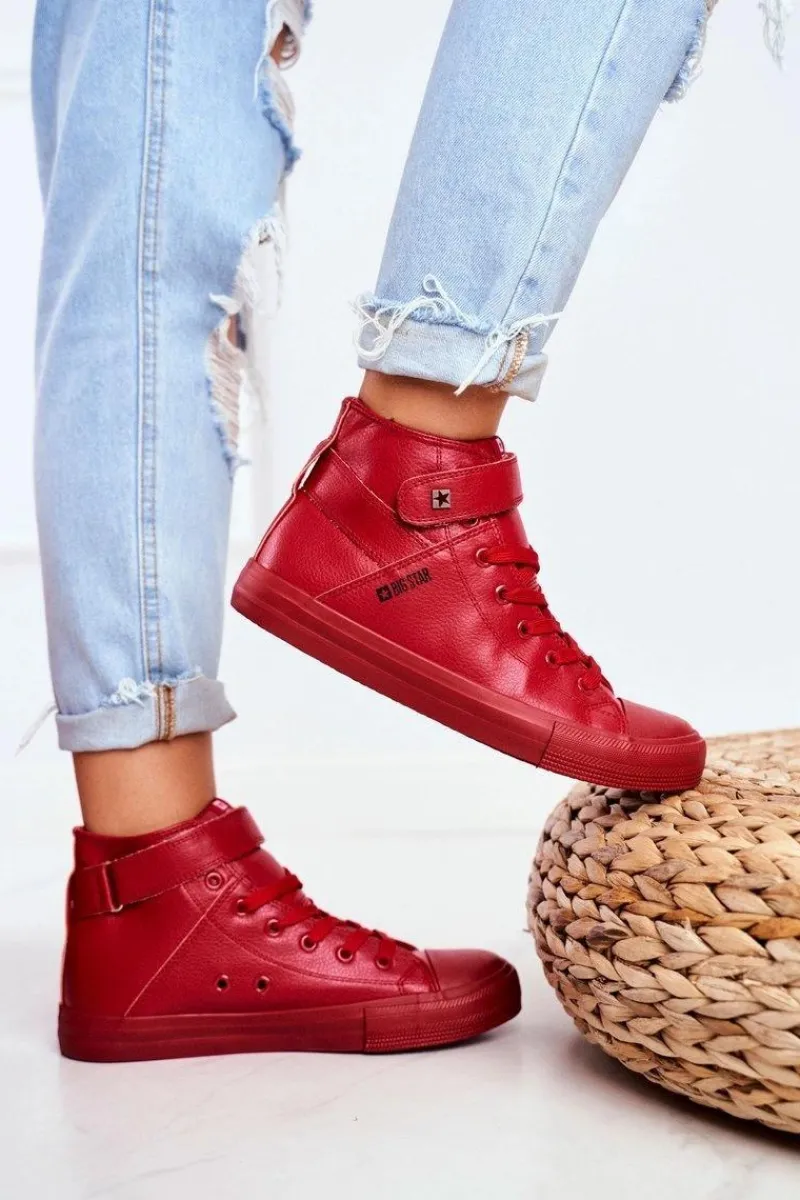 Trampki Damskie Big Star|Trampki Damskie Wysokie>Big Star Shoes Damskie Skórzane Wysokie Trampki BIG STAR V274529 Czerwone