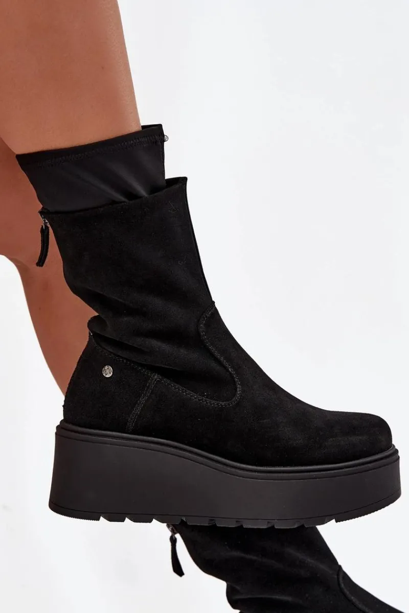 Botki Maciejka|Botki Skórzane>Maciejka Damskie Skórzane Zamszowe Botki Na Masywnej Platformie A7161-20 Czarne Czarny