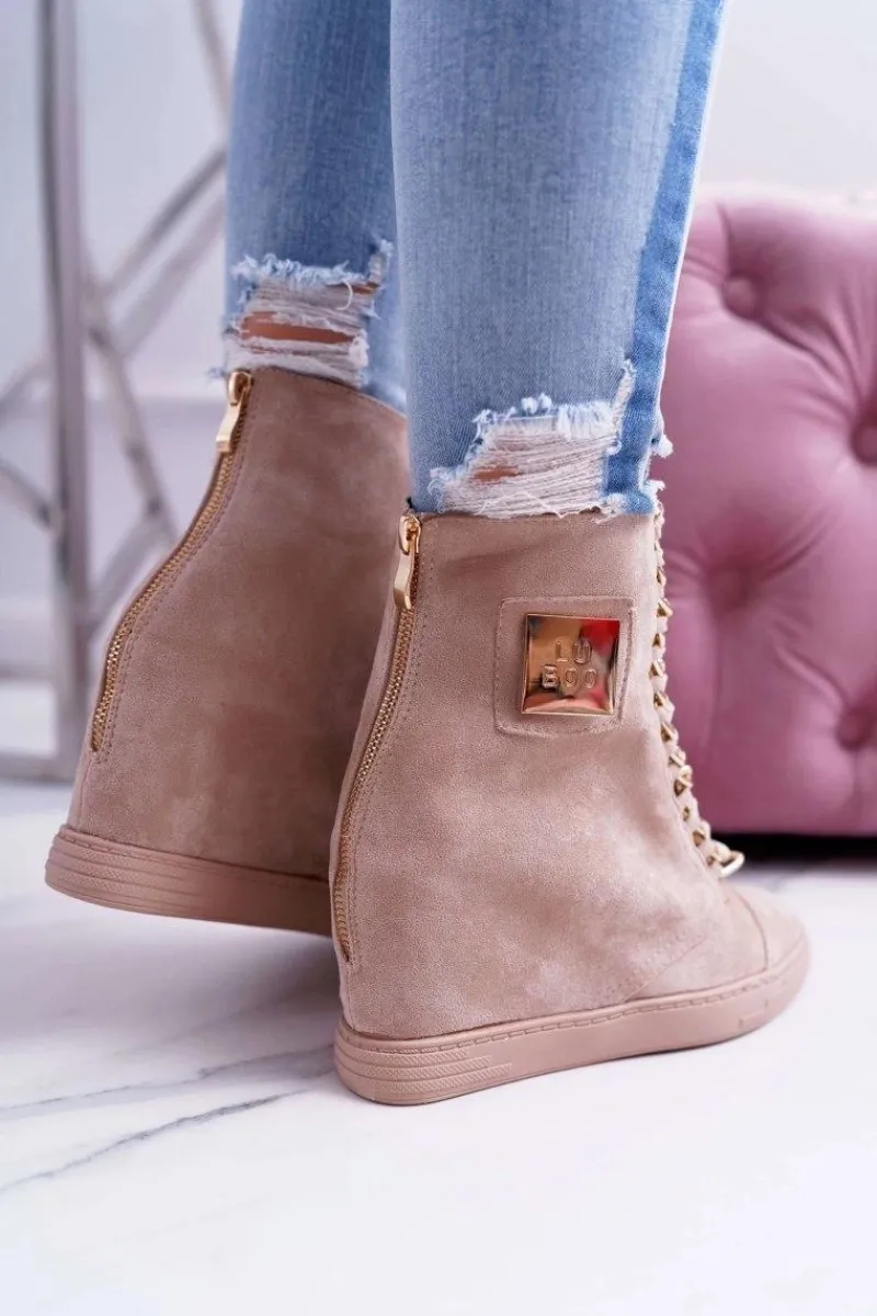 Sneakersy Damskie>Boto Damskie Sneakersy Lu Boo Złoty Łańcuch Zamsz Beżowe Monica