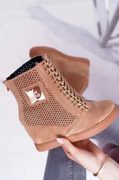 Sneakersy Damskie>Boto Damskie Sneakersy Lu Boo Ażurowe Zamszowe Camel Clamma