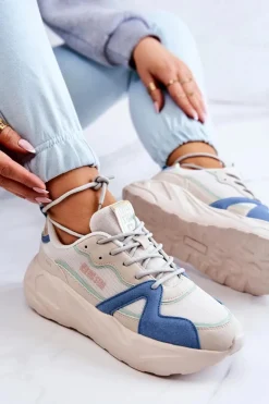 Buty Sportowe Na Platformie|Buty Sportowe Big Star>Big Star Shoes Damskie Sneakersy Memory Foam Big Star JJ274600 Beżowo-Niebieskie