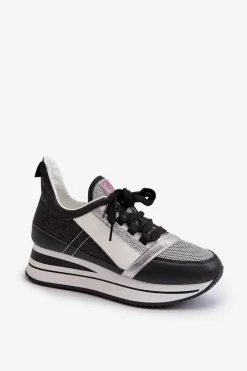 Sneakersy Damskie>Boto Damskie Sneakersy Na Koturnie I Platformie Z Brokatem Czarne Rafani