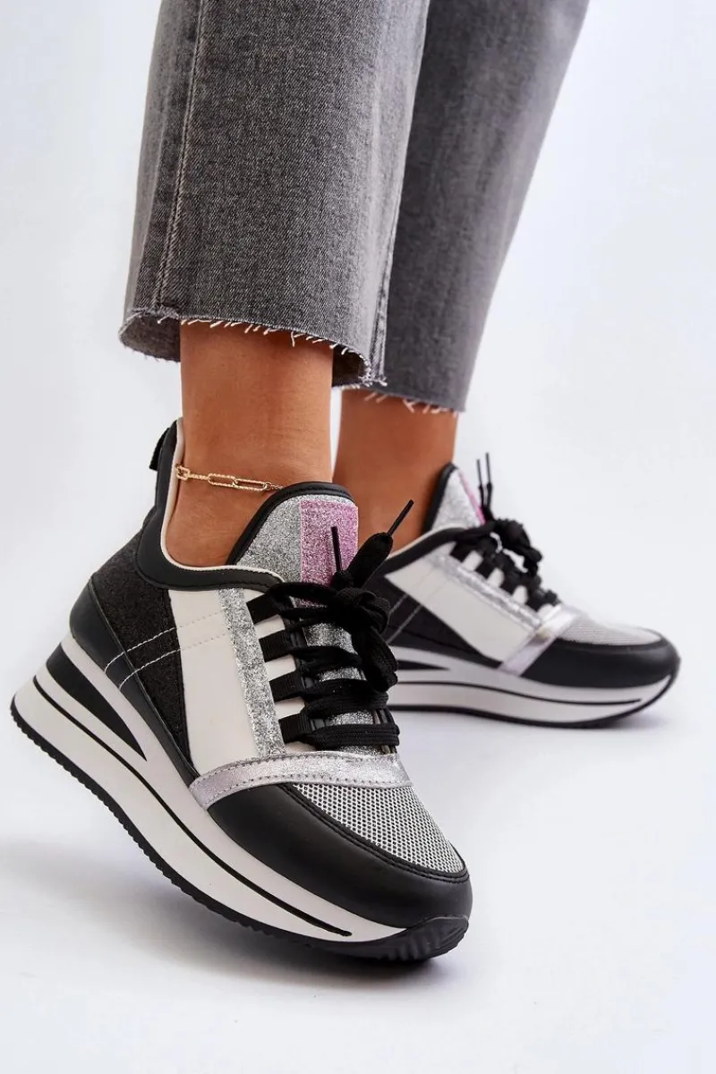 Sneakersy Damskie>Boto Damskie Sneakersy Na Koturnie I Platformie Z Brokatem Czarne Rafani