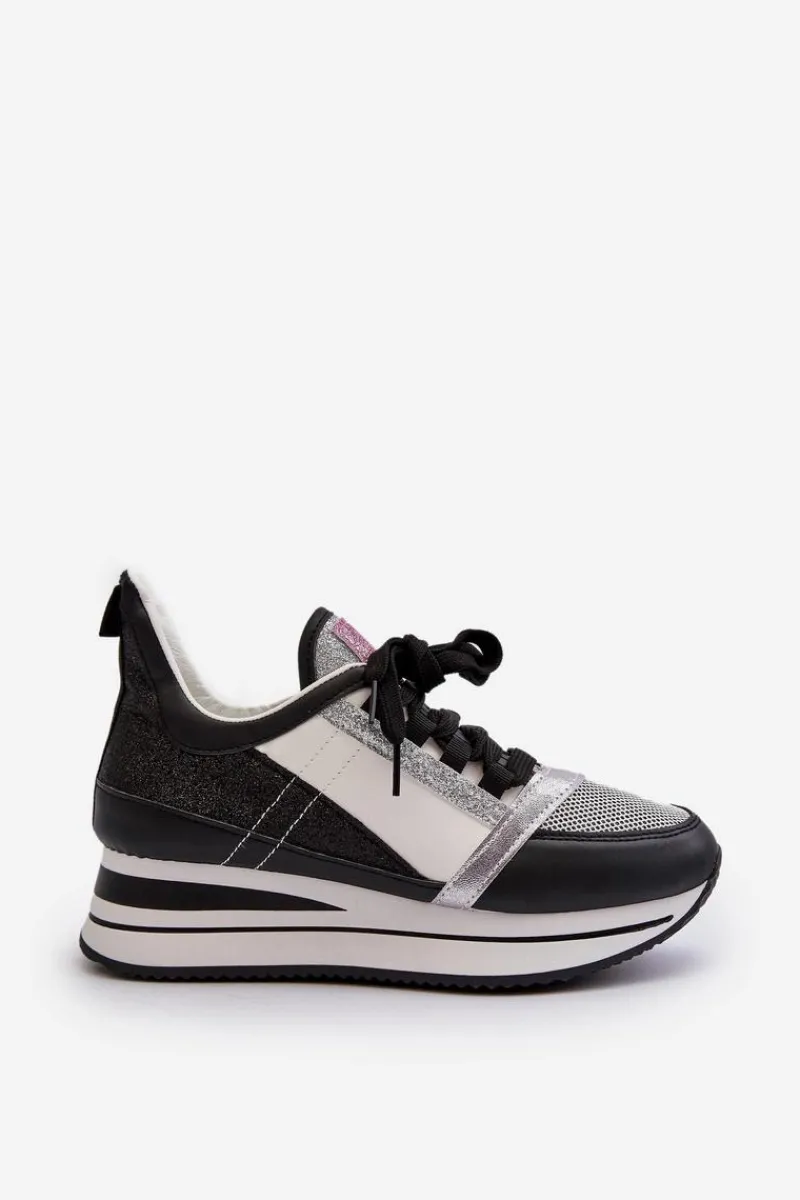 Sneakersy Damskie>Boto Damskie Sneakersy Na Koturnie I Platformie Z Brokatem Czarne Rafani