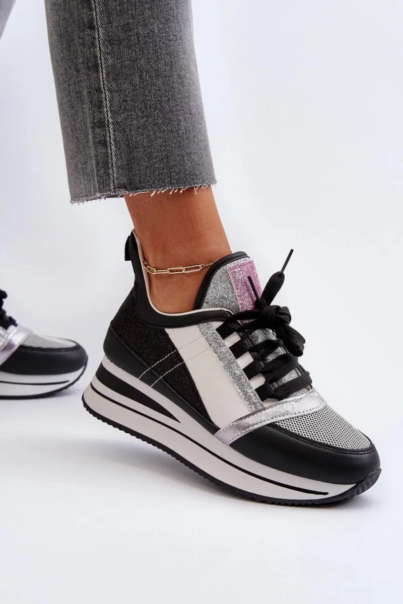 Sneakersy Damskie>Boto Damskie Sneakersy Na Koturnie I Platformie Z Brokatem Czarne Rafani