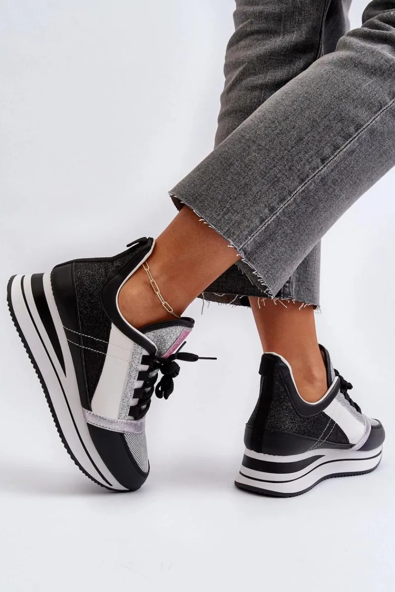 Sneakersy Damskie>Boto Damskie Sneakersy Na Koturnie I Platformie Z Brokatem Czarne Rafani