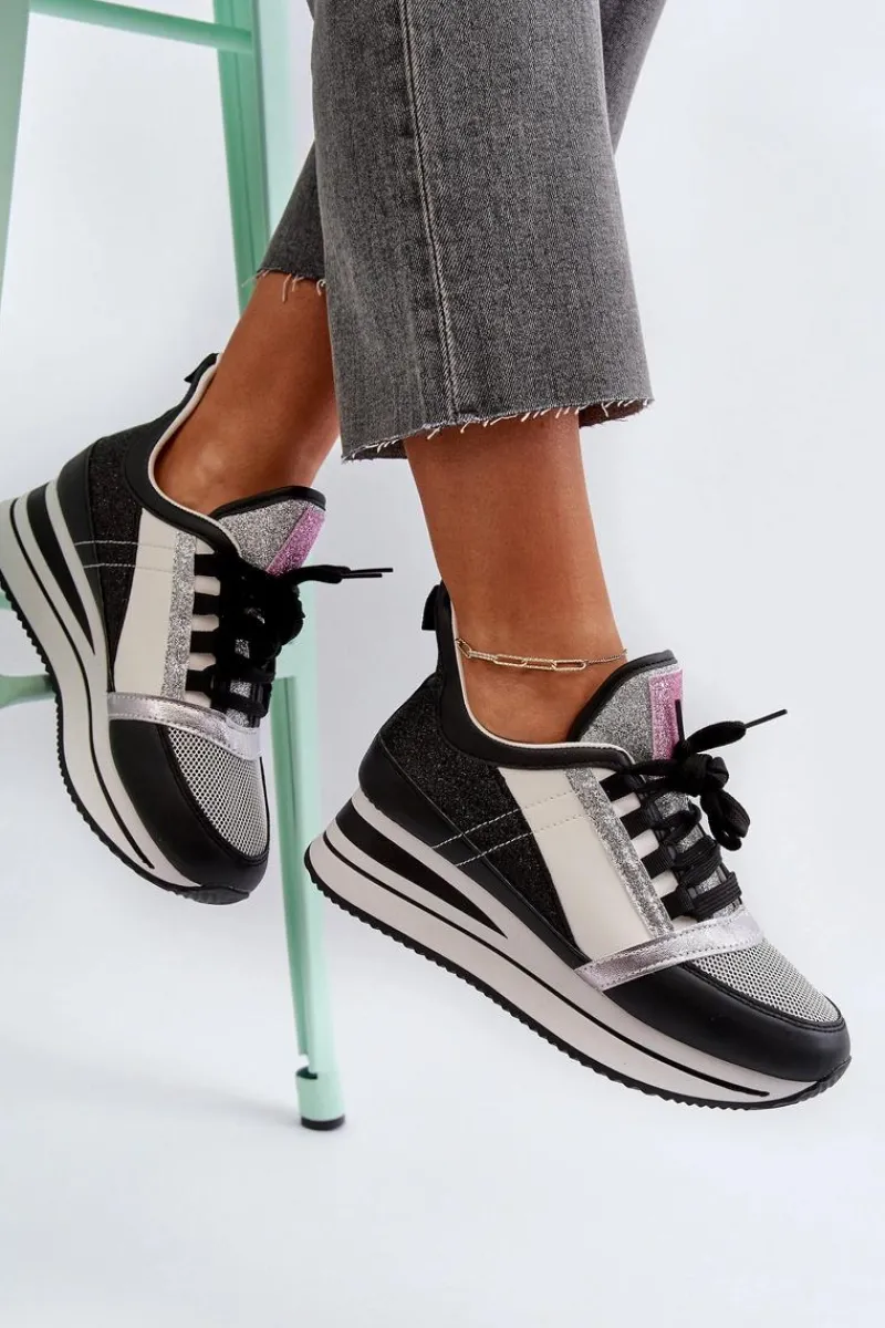 Sneakersy Damskie>Boto Damskie Sneakersy Na Koturnie I Platformie Z Brokatem Czarne Rafani