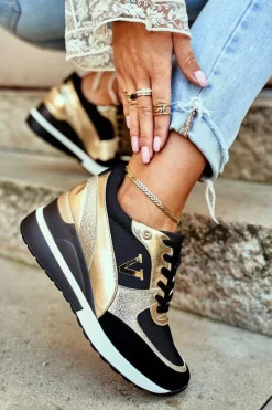 Sneakersy Damskie>Buty damskie Vinceza Damskie Sneakersy Na Koturnie Czarno Złote Isla