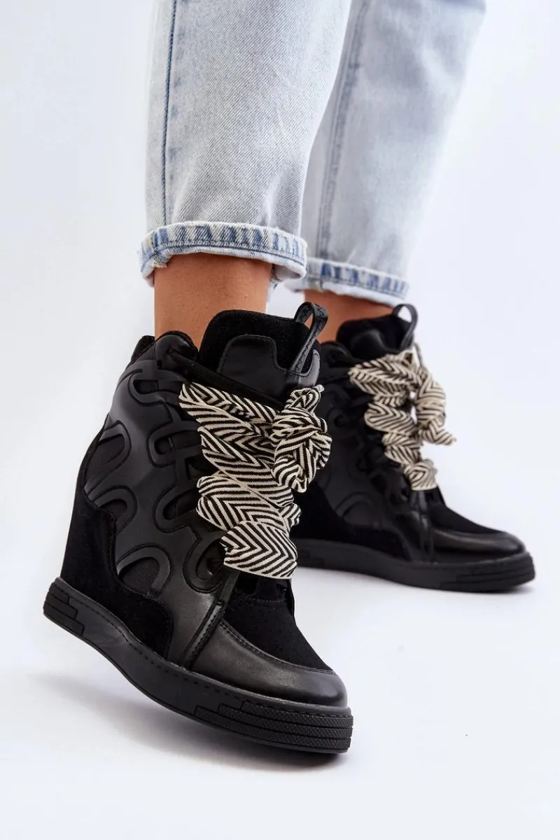 Sneakersy Damskie>Boto Damskie Sneakersy Na Koturnie Czarne Leoppa