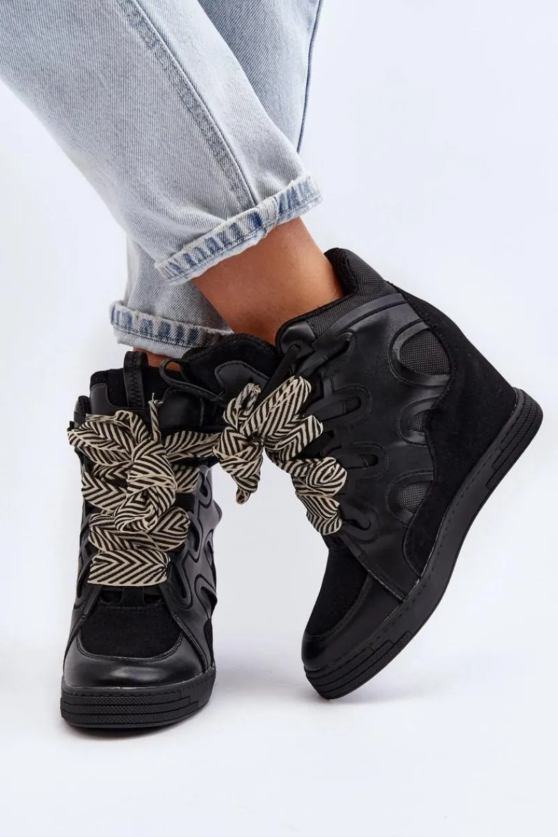 Sneakersy Damskie>Boto Damskie Sneakersy Na Koturnie Czarne Leoppa