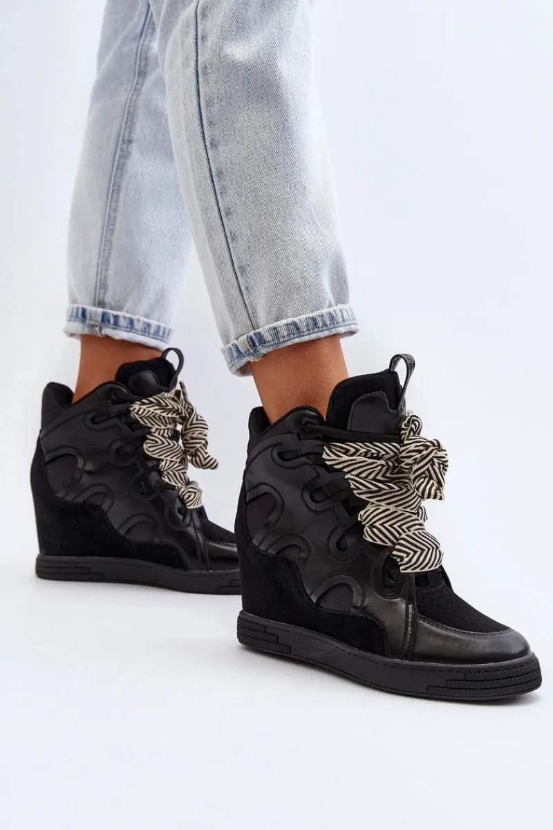 Sneakersy Damskie>Boto Damskie Sneakersy Na Koturnie Czarne Leoppa